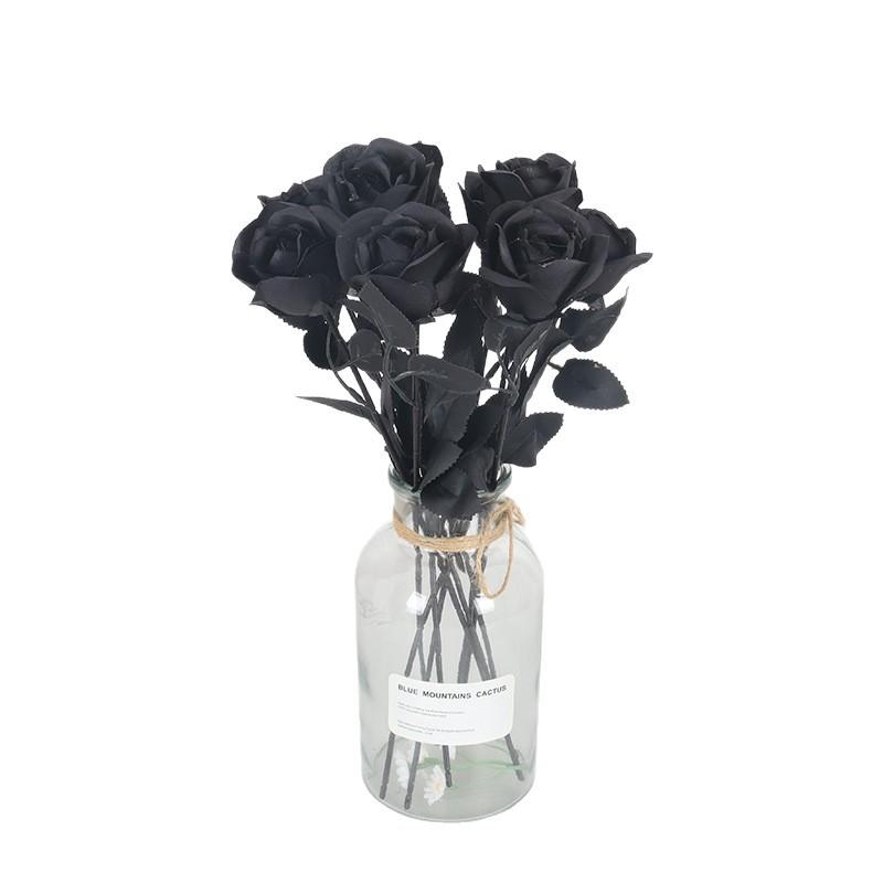 Schwarze Magie Künstliche Rose Einzelstiel Halloween Dekoration Kunstblume, 3 Stück