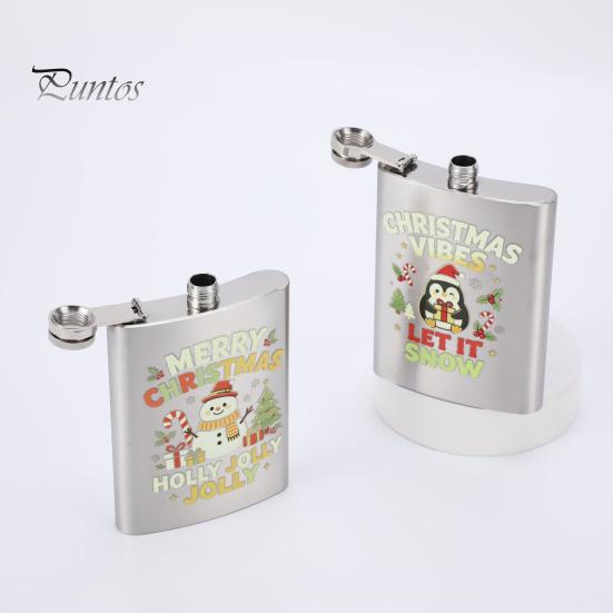 Festive Patterned Drinking Cup Beer Barrel Flask, 8oz Stainless Steel Oil Drum Shaped Flask with Small Gift for Christmas Prints Outdoor Camping Party