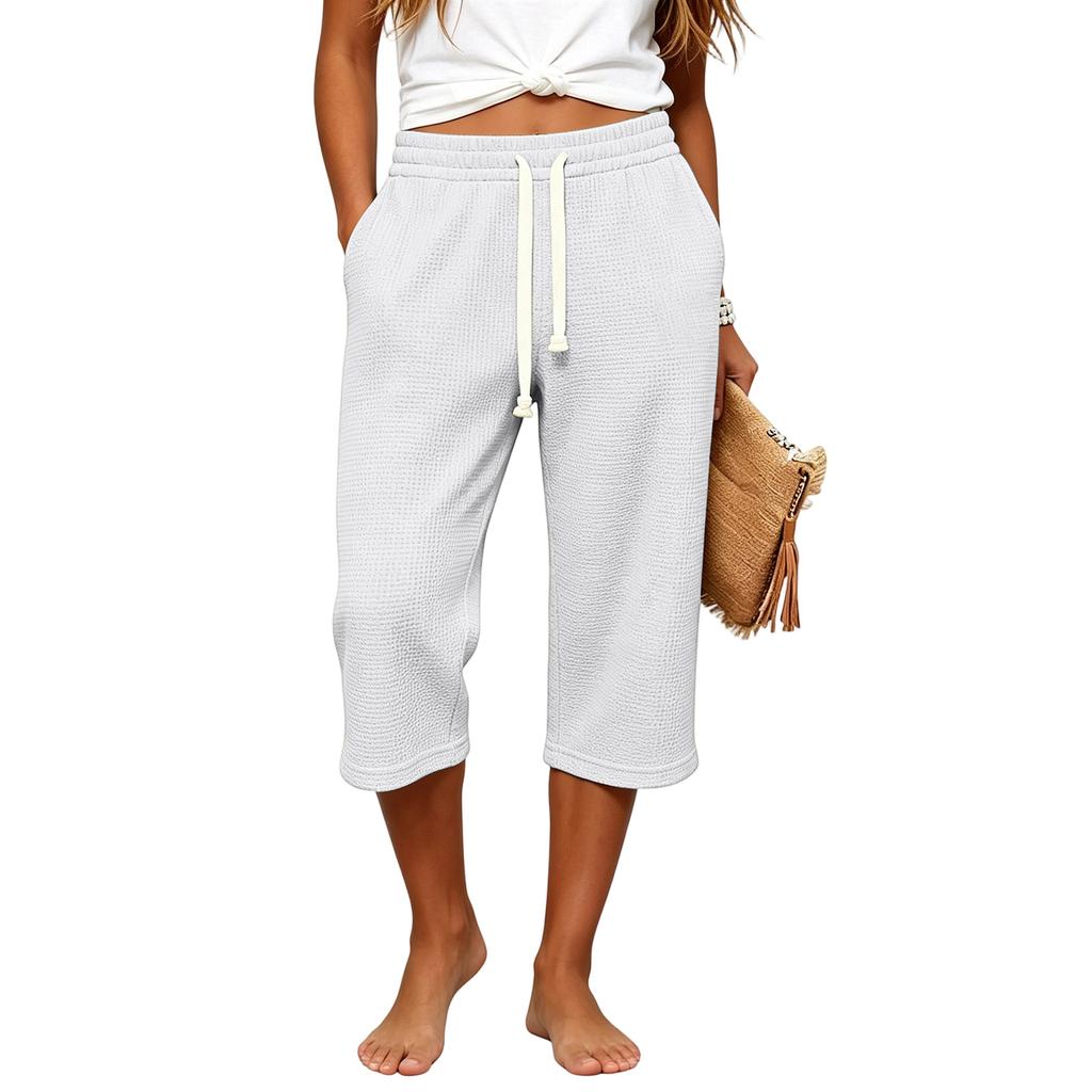 Women Waffle Knit Capri Pants High Waist Elastic Drawstring Casual Loose Fit Side Pockets Mid Length Lounge Pants Summer Wear