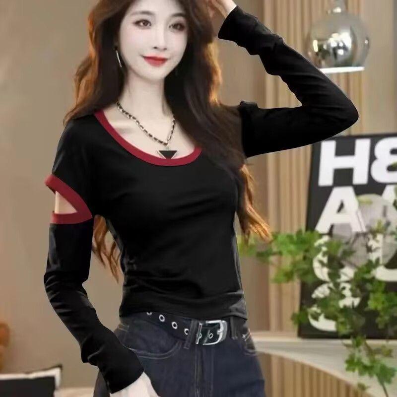 

2024 Женский топ с U-образным вырезом, цветными блоками, длинным рукавом, большого размера, облегающий, для ранней осени X-Large