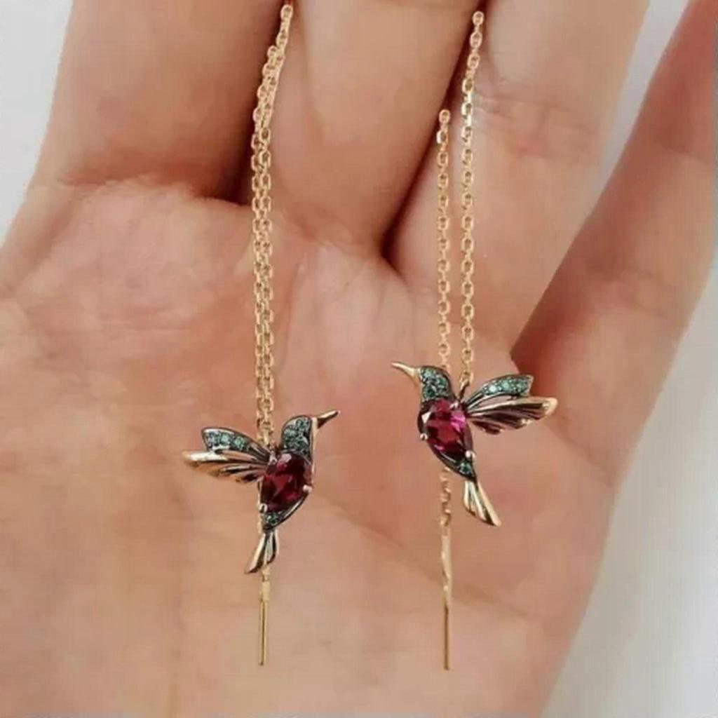 Hummingbird Earrings Stud Threader Long Drop Tassel Crystal Dangle Women Jewelry-Red+Blue
