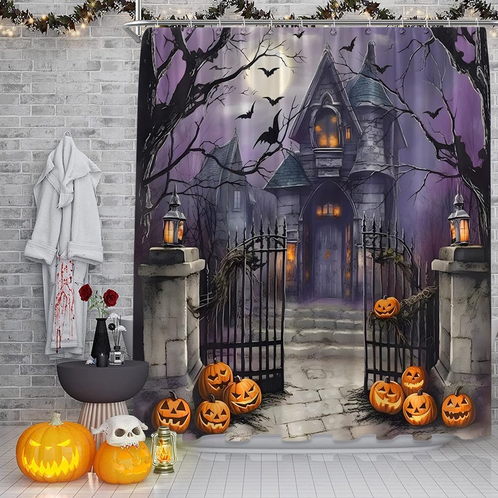 Halloween Shower Curtain Scary Night Full Moon Black Dead Tree Gothic Haunted House Castle Pumpkin Courtyard Door Happy Halloween Bathroom Decor