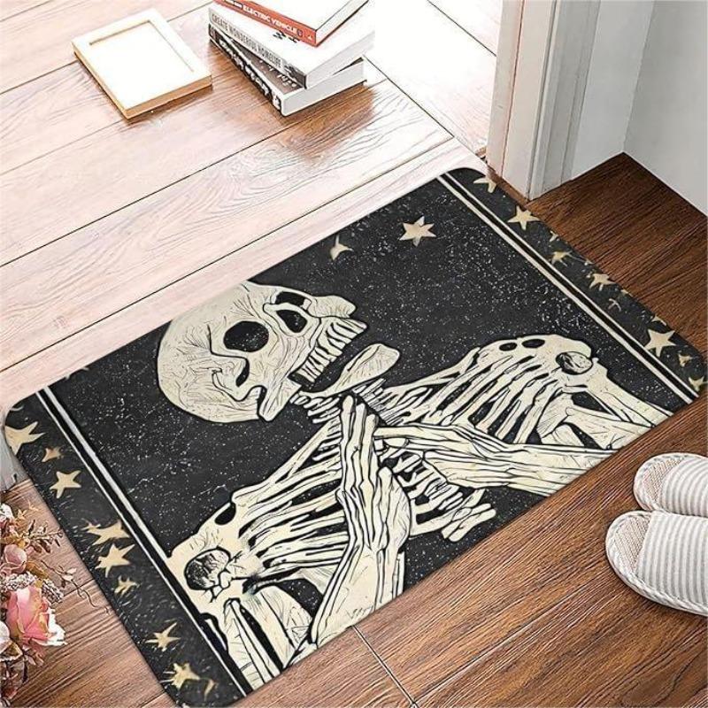 Gothic Skeleton Carpet Mat Skull Red Roses Rug Welcome Text Black Non-Slip Home Decoration Halloween Floor Mats Kitchen Mat
