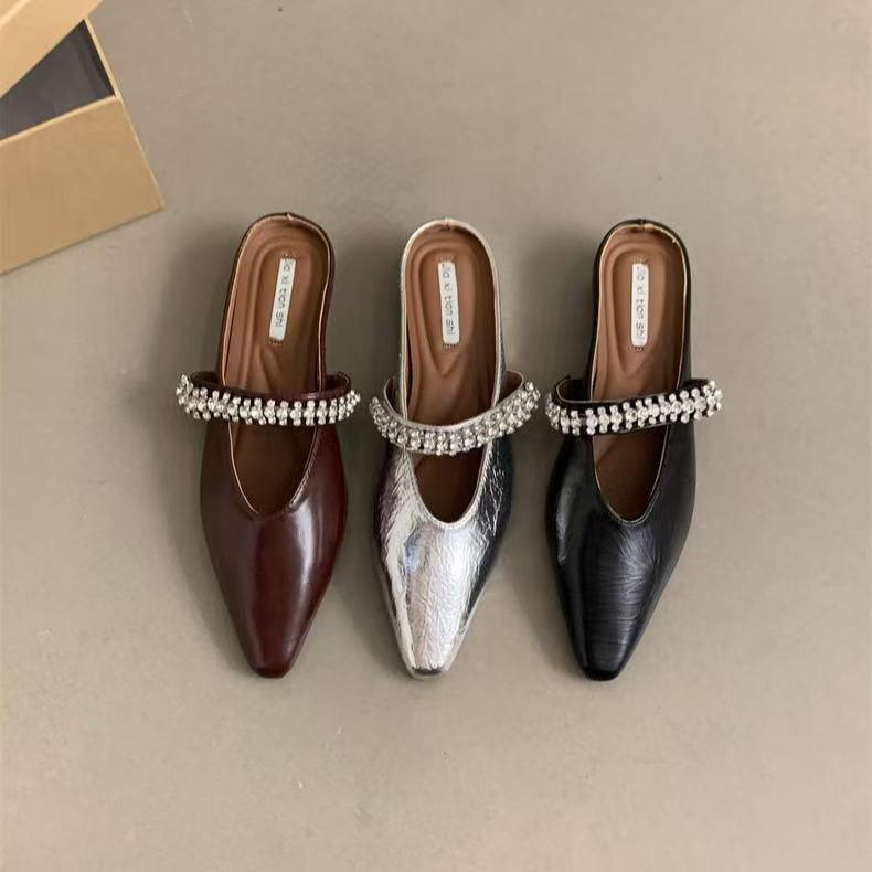 Spring 2025 European and American Square Toe Rhinestone Backless Sandals