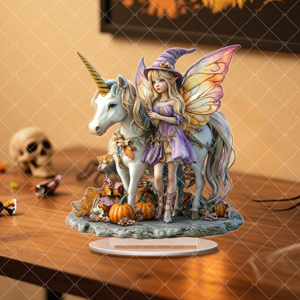 Halloweenská víla jedoucí na jednorožci 2D akrylová domácí stolní sváteční dekorace, Halloweenský dárek pro rodinu a přátele