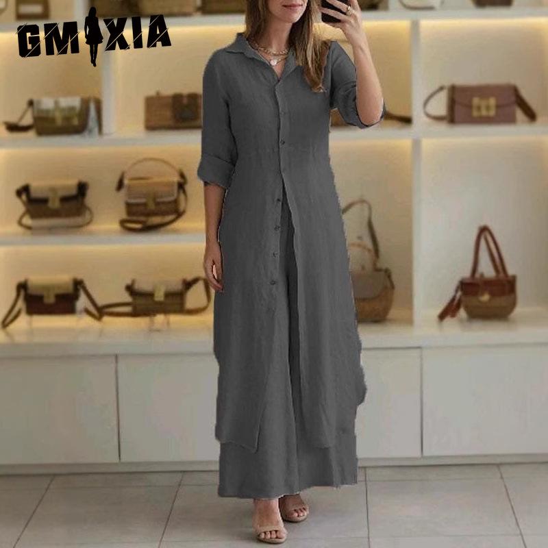 GMXIA Women's Summer, Spring and Autumn Elegant Cotton and Linen Slim Waisted Long-sleeved Wide-legged Trousers Suit