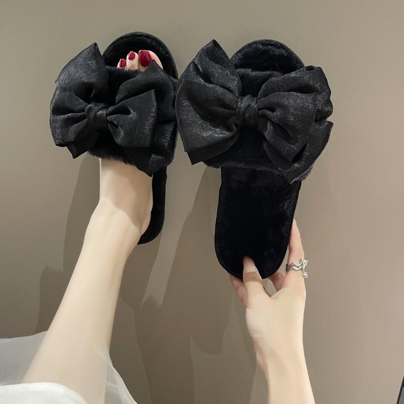 fashion 2024 Winter New Women's Home Solid Color Bow Decorated Fluffy Furry Cotton Slippers