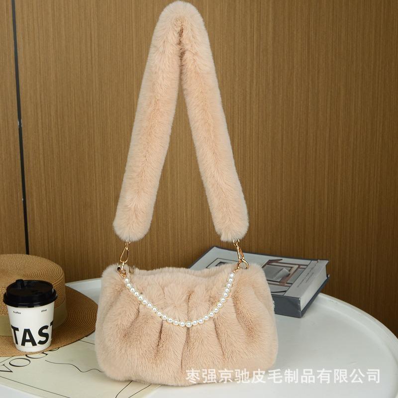 Women's 2024 New Wrinkled Small Square Bag Shoulder Bag Soft Plush Fur Ladies Elegant Pearl Chain Underarm Bag