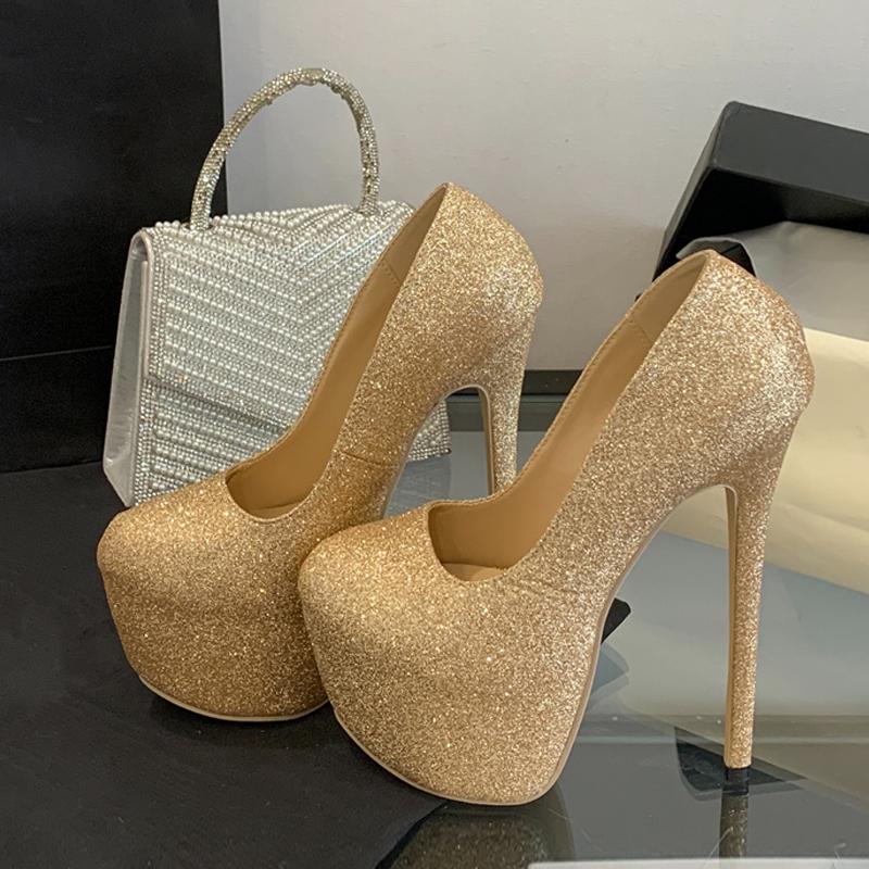 Fashion Liyke Runway Fashion Gold Sequined Cloth Platform Pumps Women Round Toe 17CM Stiletto High Heels Wedding Banquet Ladies Shoes