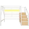 Iron loft bed 140*200, suitable for children and teenagers, versatile, with app-controlled LED light strips, stairs with storage, open wardrobe, white