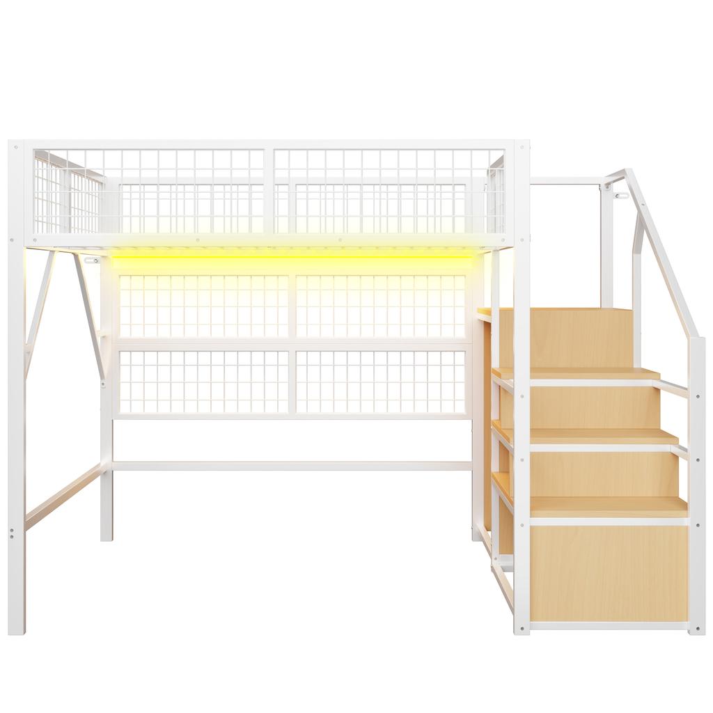 Iron loft bed 140*200, suitable for children and teenagers, versatile, with app-controlled LED light strips, stairs with storage, open wardrobe, white
