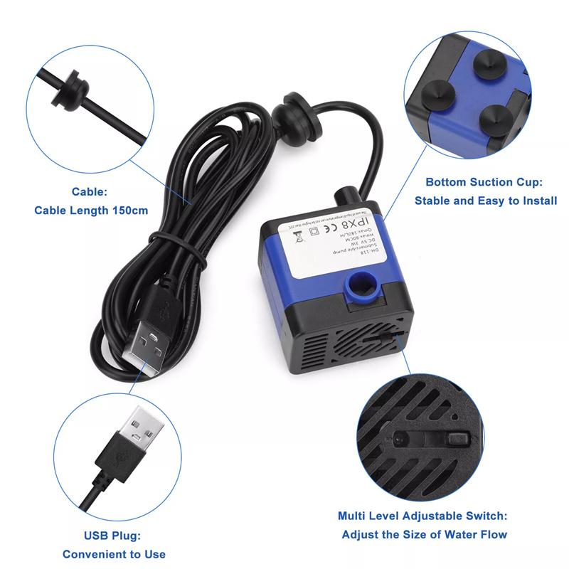 Dc 5V Usb Mini Submersible Water Pump For Pet Fountain, Aquarium Fish Tank, Pond, Fountain, Hydroponics