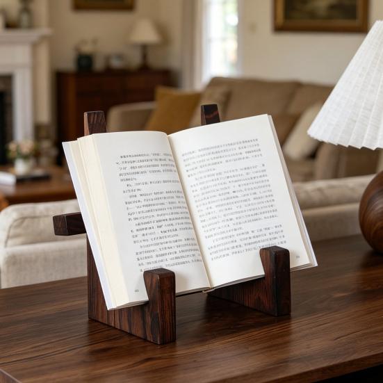 Wooden Book Stand for Reading, Adjustable Tablet Cookbook Holder, Foldable Desktop Display Rack for Music Records Art Print