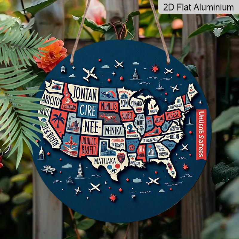 2D Flat, 1pc Round Aluminum Hanging Sign, USA State Map Metal Wall Art, Retro Travel Map Design, Perfect for Patriotic Decor, Man Cave, Garage