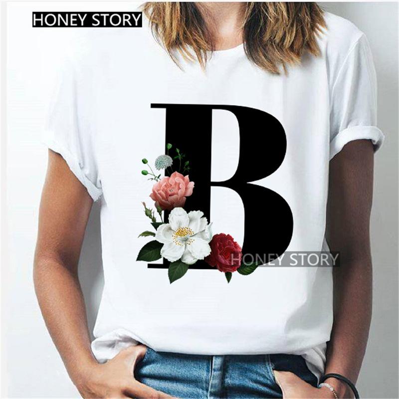 Kawaii English Alphabet Flowers Graphics Female T-Shirt 90S Summer Loose Short Sleeve Round Neck Female Tops Clothing