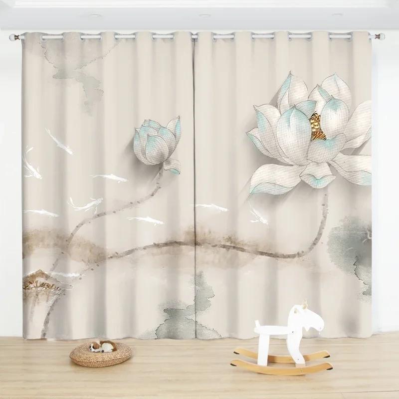 3D Chinesische Tusche Bambus Halbverdunkelnd Bedruckter Vorhang Ösenaufhängung Schlafzimmer Wohnzimmer Bodenlanger Fenstervorhang 2 Paneele Dra