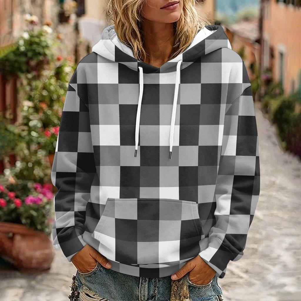 Women's Plaid Print Hooded Sweatshirt with Pockets And, Long Sleeve Casual Top