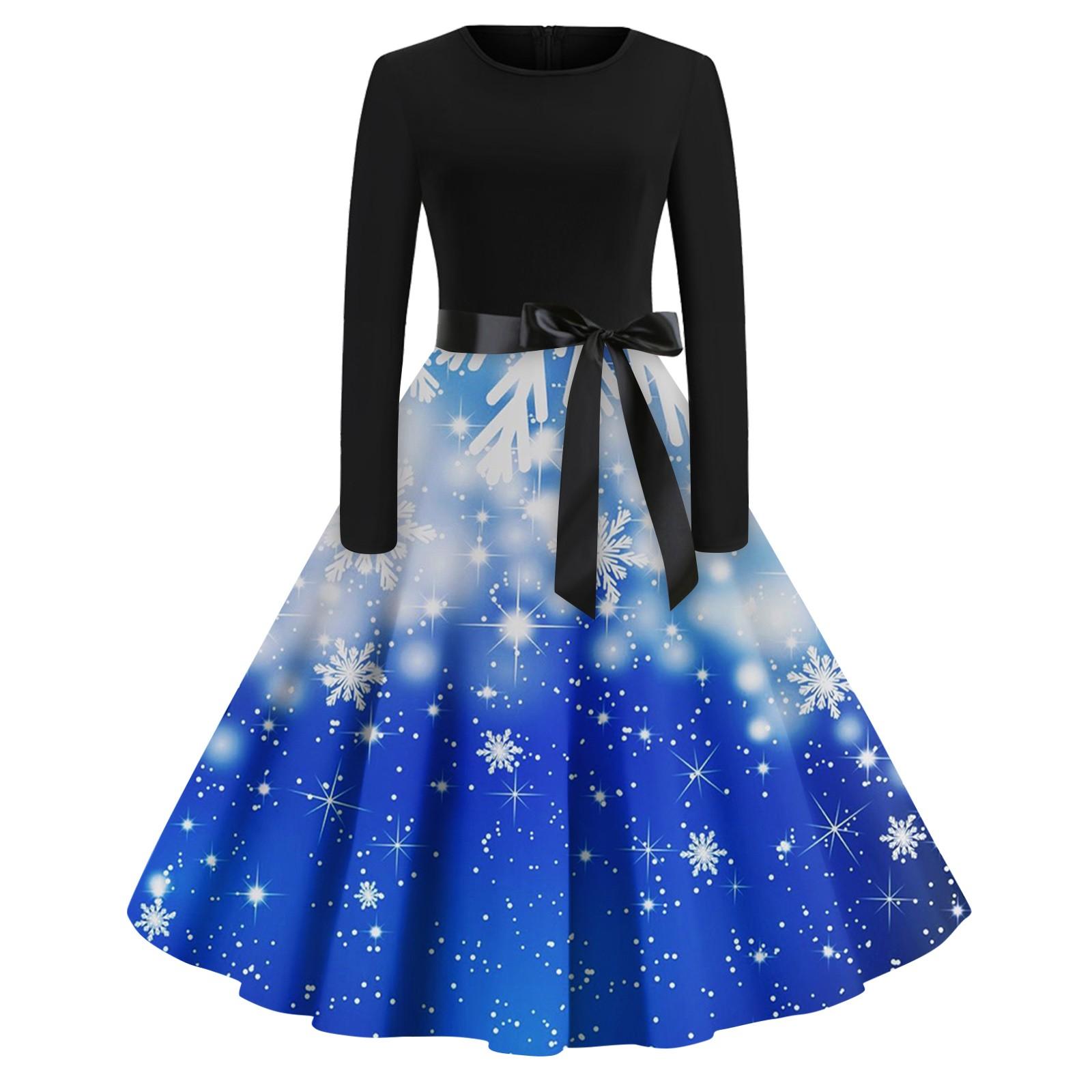 

Женское повседневное модное рождественское платье с длинными рукавами и принтом снежинок, вечерние повседневные платья с вырезом и круглым вырезом S