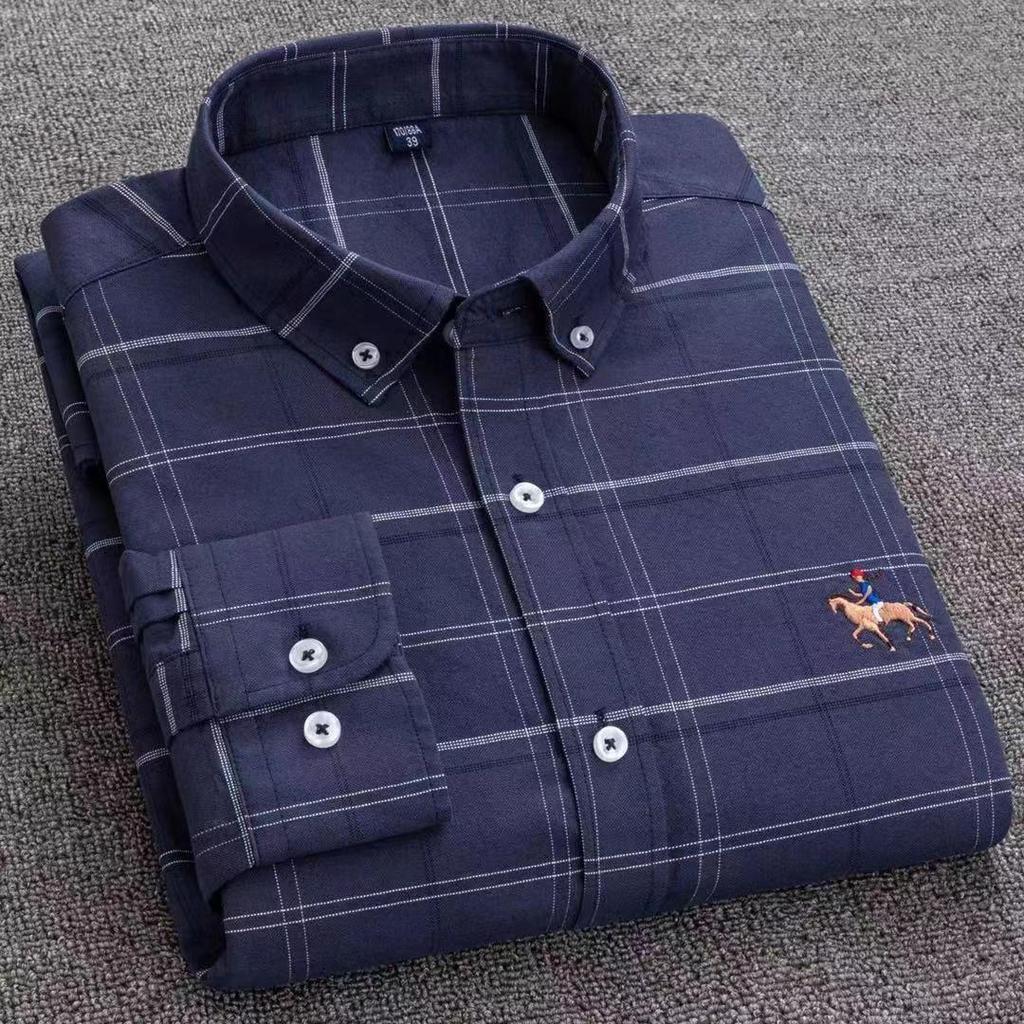 Men's Pure Cotton Embroidered Oxford Shirt - Long Sleeve, Solid Color, Spring/Autumn Business Casual