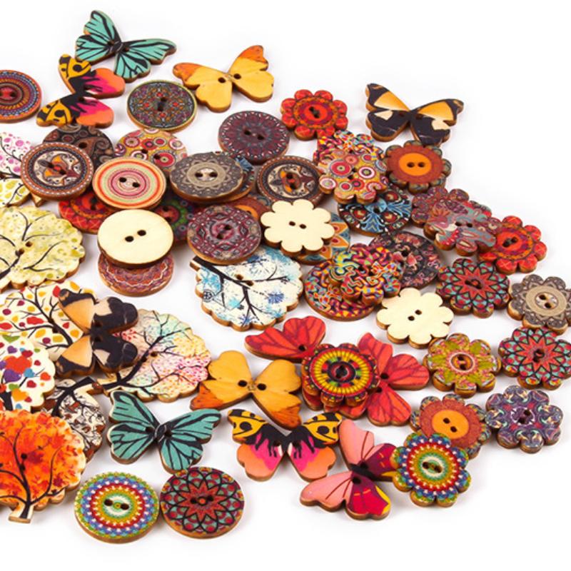 10pcs Rustic Handmade Wooden Buttons, Decorative Hand-Painted DIY Floral, Butterfly & Tree Designs for Crafts
