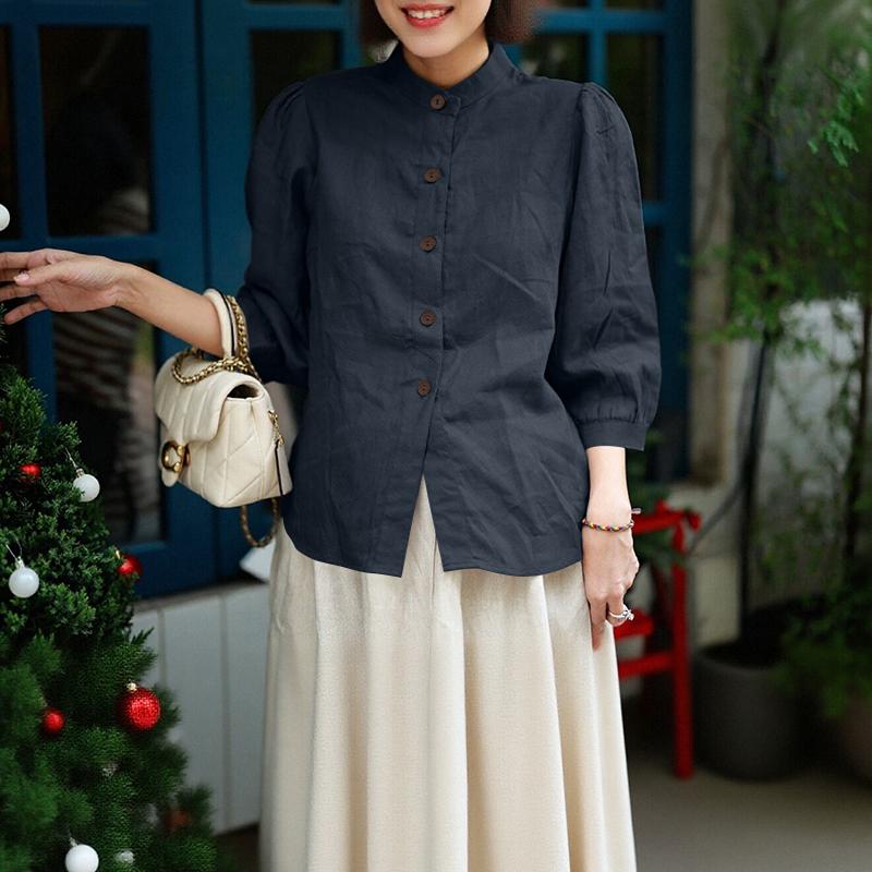 ZANZEA Blouse décontractée pour femme à col montant, ample, manches 3/4, en coton
