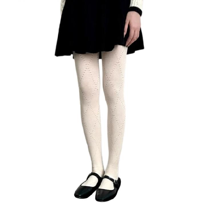Women Hollowed Plaids Pattern Stockings Cotton Pantyhose Solid Color Winter Opaque Tights Bottoming Leggings Hosiery