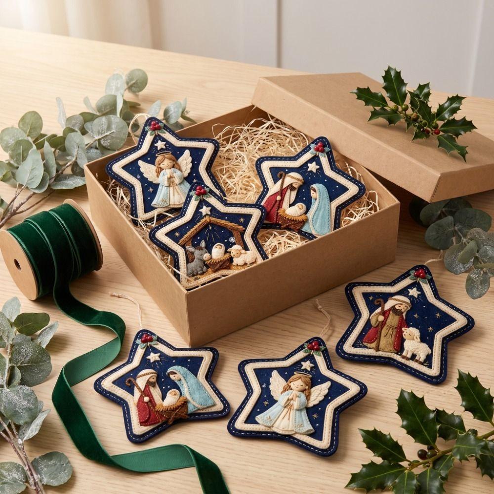 Unique Star Shape Nativity Scene Felt Pendant Home Decor Cartoon Jesus Hanging Ornament Xmas Tree Christmas Tree Ornament Home