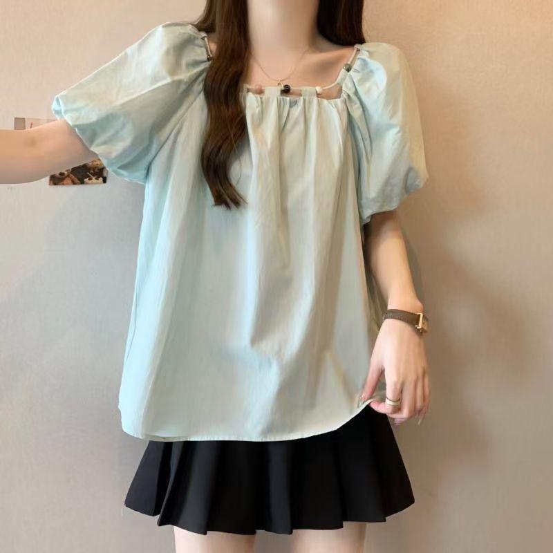 Women's Plus Size Puff Sleeve Square Neck Top - French Pleated, Slimming & Versatile Summer Fashion