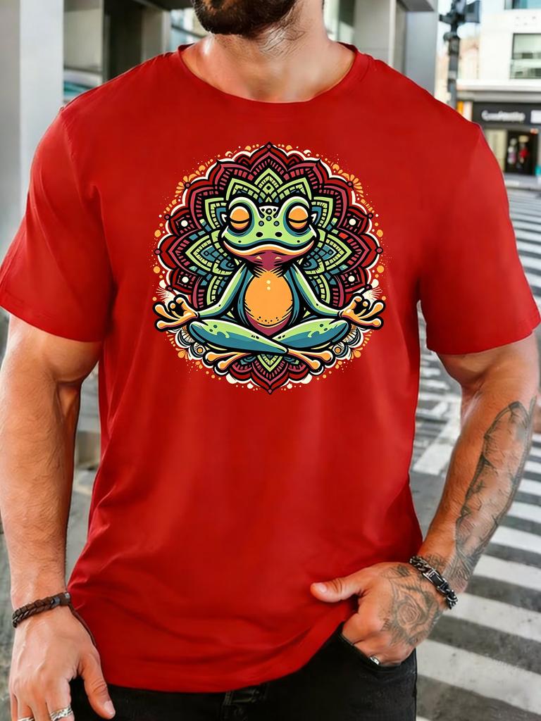 Olive Unisexs Tee Meditation Frog Unisexdala Pattern Print Crew Neck Cotton Short Sleeve Zen Male Street Summer Soft Daily Casual Wear