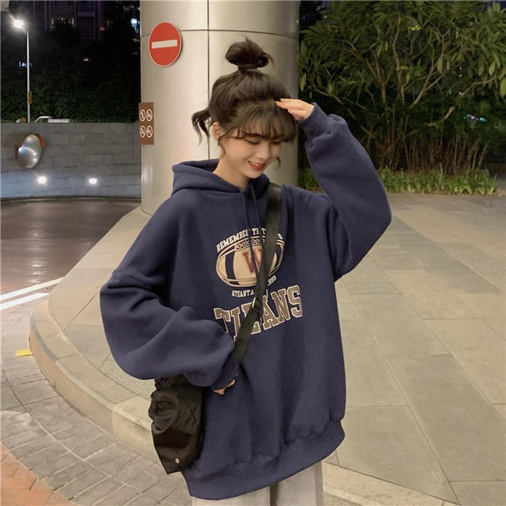 New sweater women's autumn and winter Korean version loose lazy style letter printing versatile hooded top velvet student sweater