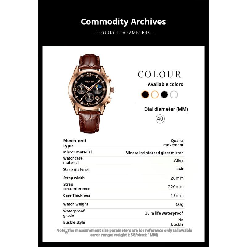ABORNI Luxus Herren Chronograph Armbanduhr Wasserdicht Leuchtend Herrenuhr Leder Hohe Qualität Sport Herren Quarzuhren
