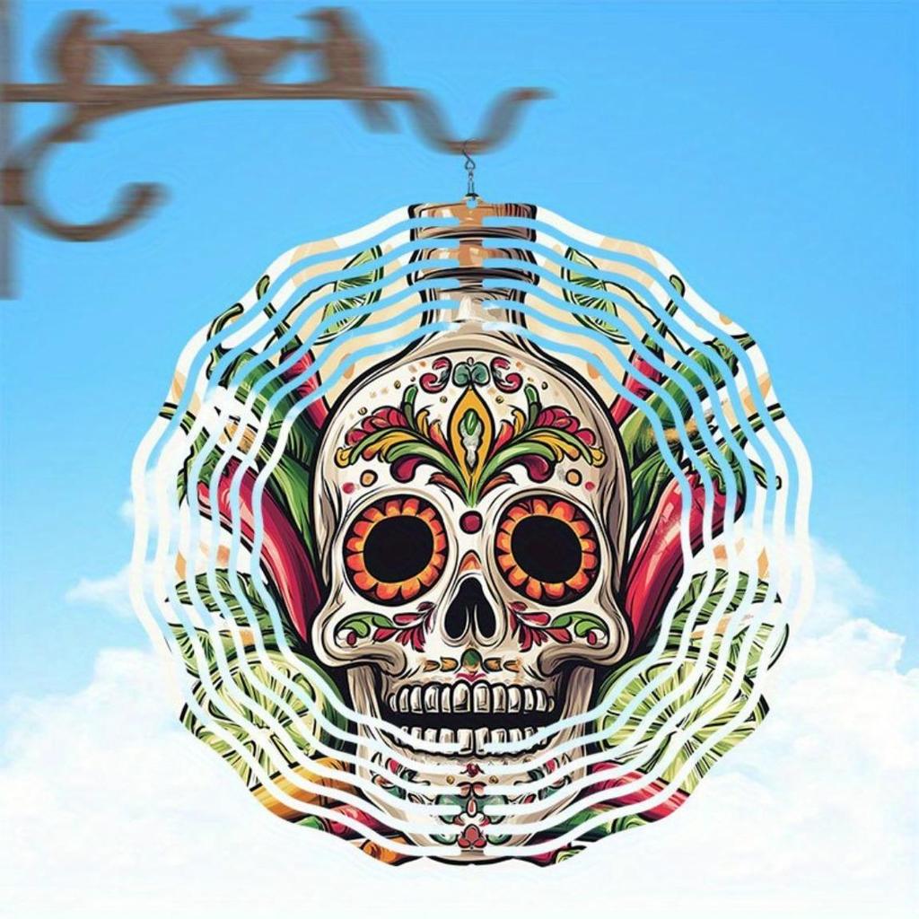 Day of the Dead Skull Metal Wind Chime Outdoor Hanging Decor with Vibrant Floral Patterns 360 Rotating Hook for Garden Patio Yard