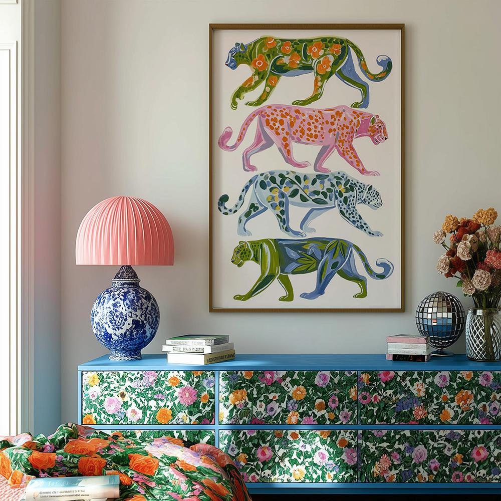 Colorful Leopard Wall Art Prints Canvas Painting Dopamine Floral Cheetah Poster Picture For Living Dining Room Beach House Decor