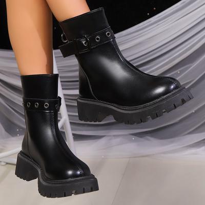 Botas Femininas de Outono Inverno Mais Vendidas Bico Redondo Cor Sólida Salto Baixo Curto Fivela Casual Botas Femininas da Moda