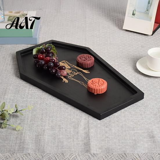 Solid Wood Trinket Tray Halloween Gothic Serving with Engraved Skeleton, Wooden Charcuterie Board, Casket Home Decor Accessories Shape Storage Platter