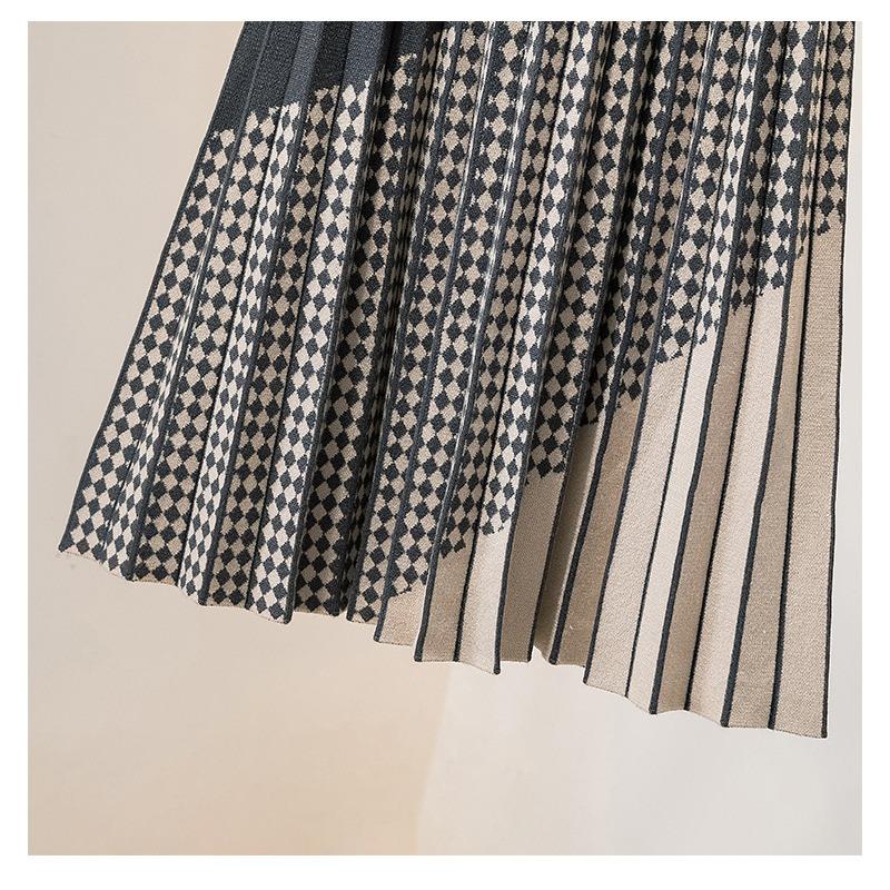 Minifalda de Punto a Cuadros para Mujer Otoño/Invierno Falda de Punto de Cintura Alta Falda Plisada