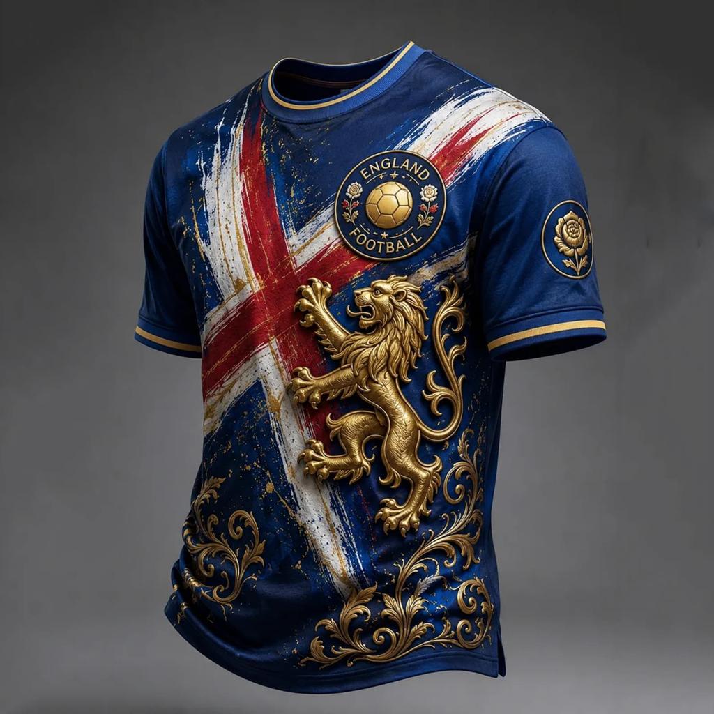 Men's England Football Printed Jersey Short Sleeve Crew Neck Athletic Soccer Shirt Lightweight Breathable Sportswear for Training and Casual Wear