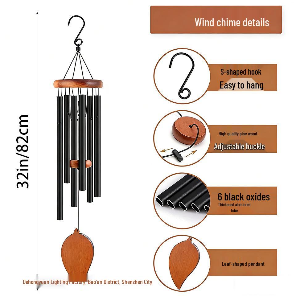 32-inch 6-Tube Musical Wind Chime: Elegant Metal Hanging Ornament for Home or Memorial Gift