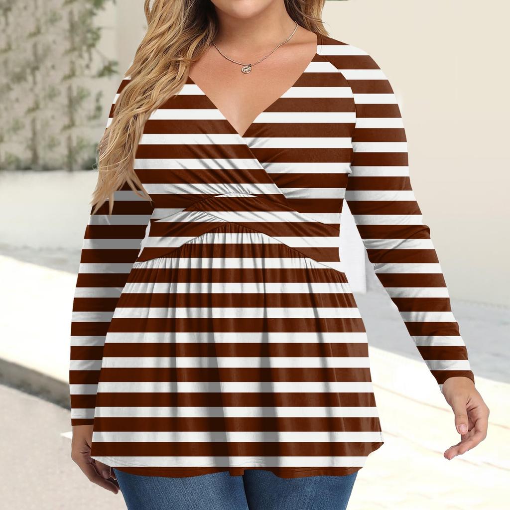 Women's Plus Size Shirt Long Sleeve  Print Top Pleated Casual V-Neck Top
