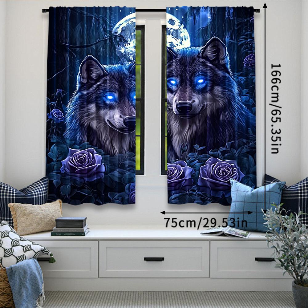 2Pcs Wolf With Rose In The Forest Under The Full Moon Print Curtains Suitable For Bedroom Bathroom Living Room Dining Room Study