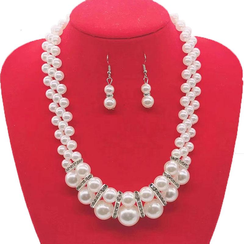 Trendy Retro Double Layer Large Pearl Crystal Rhinestone Necklace Earrings Set Silver Geometric Style Religious Women Wedding