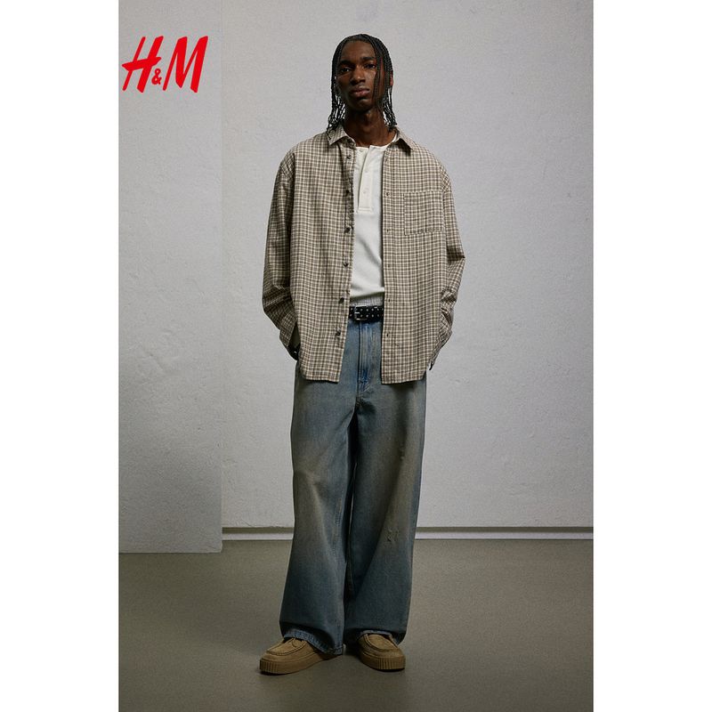 

HM Men s Clothing Shirts 2025 Summer New Long sleeve Loose Version Plaid Lazy Flannel Shirts 1265290 Beige/Plaid 165/84(XS)