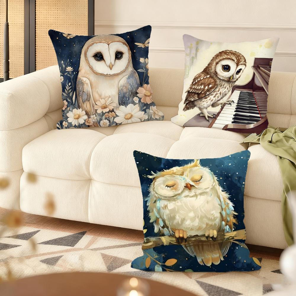 Owl Painting Cushion Cover Silky Short Plush Sofa Pillow Cover Hidden Zipper Soft Dustproof Case For Home Decor