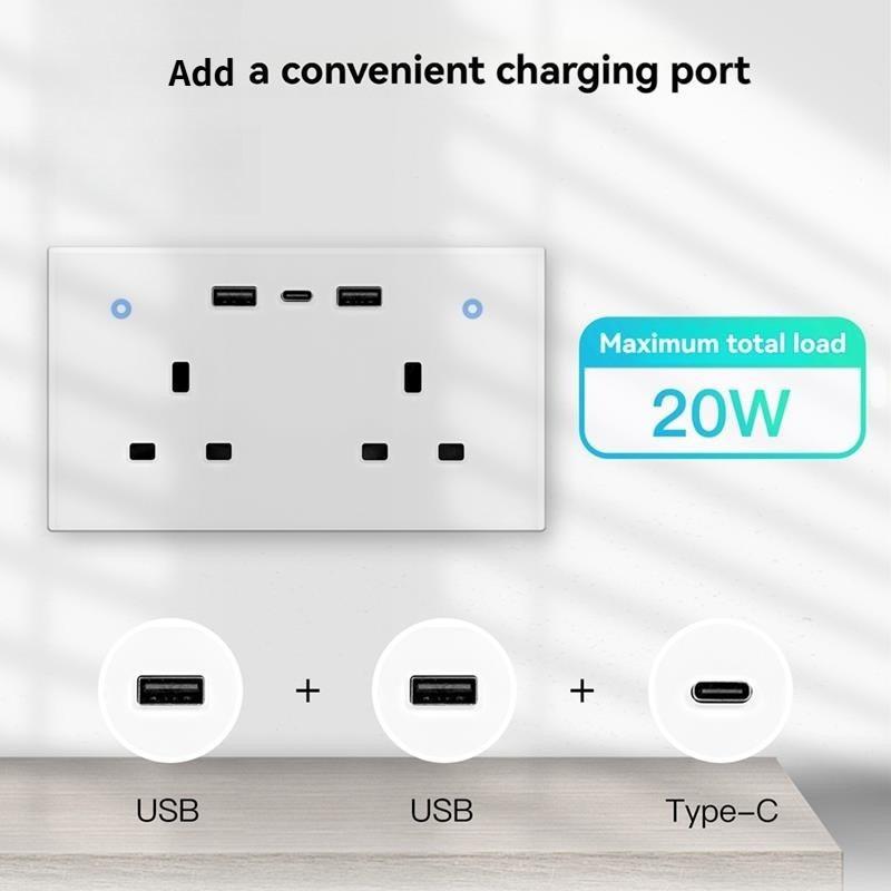 13A 2-way Smart Standard Wall Socket UK Outlet USB Type-C Charging Ports WiFi Remote Energy Monitoring Plug Touch Switch