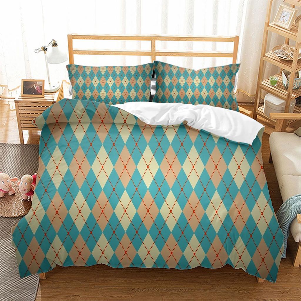 Vintage Plaid Geometric Pattern Bed Three-Piece Set 3D Digital Printing