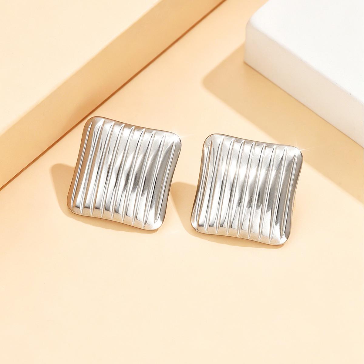 Elegant Geometric Square Candy Stripe Textured Gold-Plated Stainless Steel Earrings