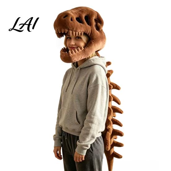 Halloween Party Decor Dinosaur Skeleton Costume 3D Spinosaurus Skull Masque Headpiece And Spine Decoration Plush Hood Costume for Halloween,