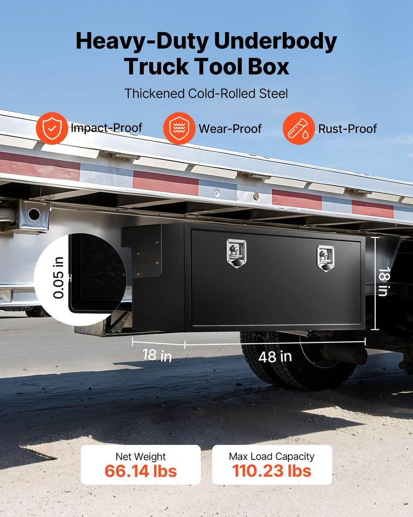 Underbody Truck Tool Box, 1219 x 457 x 457 mm Heavy Duty Steel Trailer Storage Box with Lock & Keys, Waterproof Trailer Storage Organizer Under Body