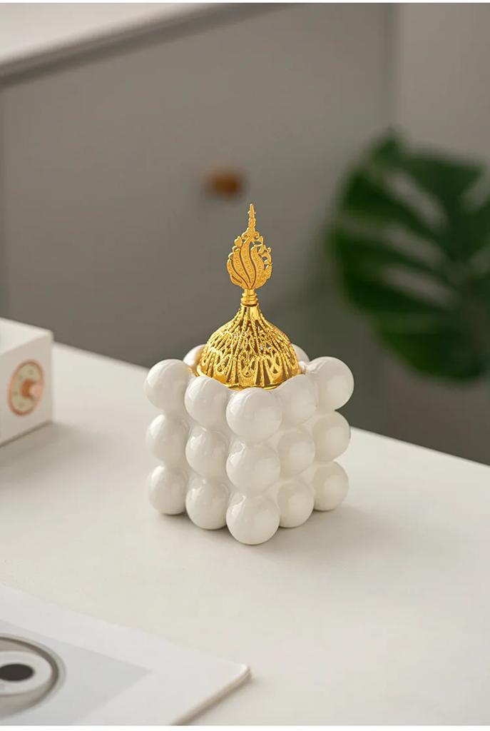 Golden Ceramic Cube Incense Burner Middle Eastern Arabian Festival Handheld Home Decor