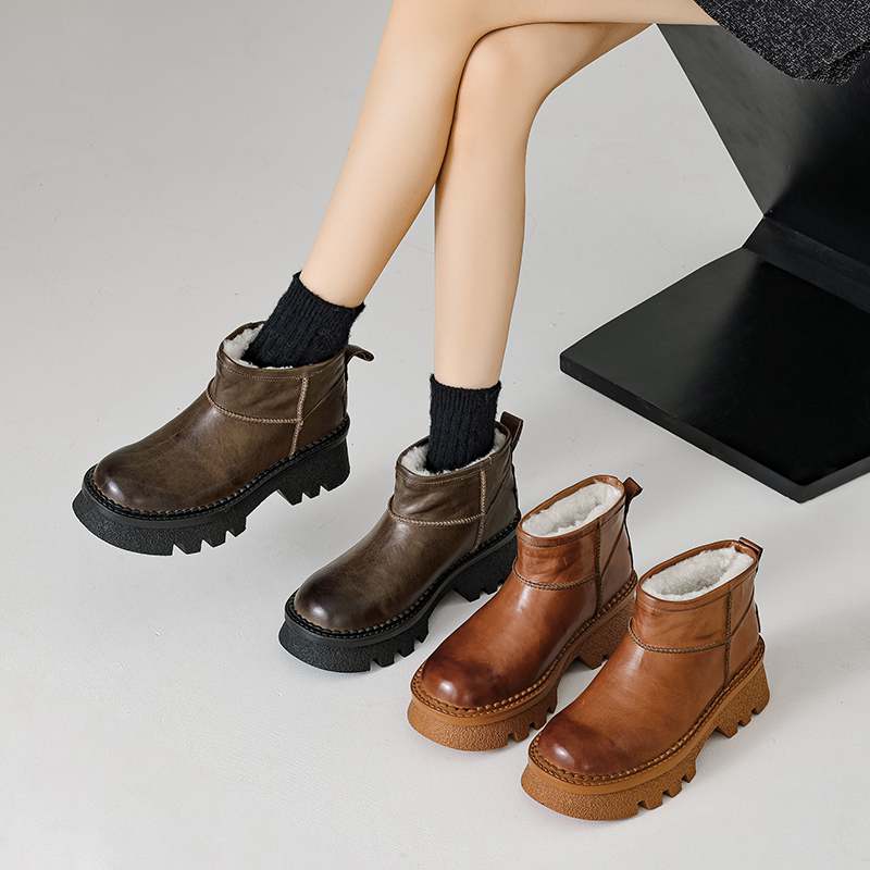 Krazing Pot Skóra Krowia Futro Wełna Zimowe Buty Śniegowce Damskie Utrzymujące Ciepło Wsuwane Europejski Design Odporne na Zimno Botki